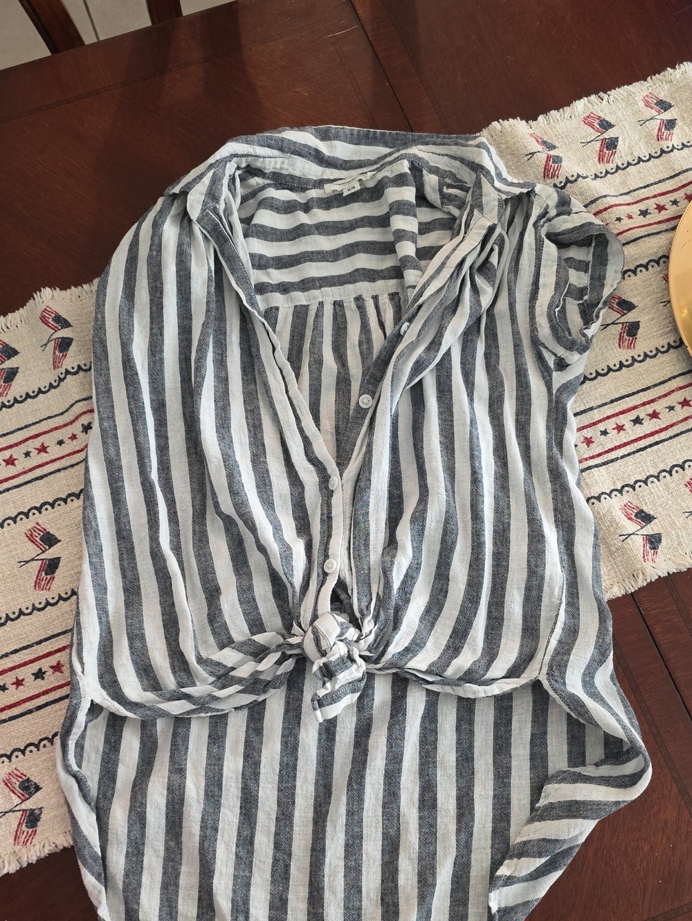 beachlunchlounge Black & White Striped Tie-Front Button Down Top